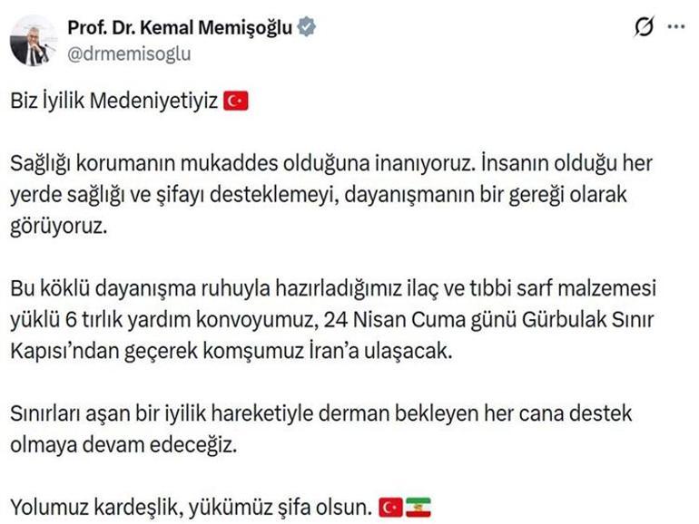 Bakan Memişoğlu duyurdu İrana 6 TIR ilaç ve tıbbi malzeme gidiyor